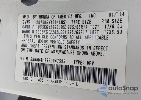 2014 Honda Cr-V Ex-L from USA, damaged, VIN 5J6RM4H79EL047595